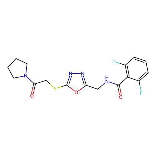2,6-difluoro-N-[(5-{[2-oxo-2-(pyrrolidin-1-yl)ethyl]sulfanyl}-1,3,4-oxadiazol-2-yl)methyl]benzamide structure