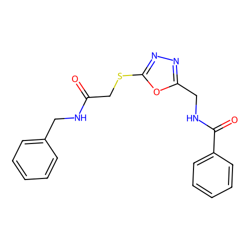 N-[[5-[2-(benzylamino)-2-oxoethyl]sulfanyl-1,3,4-oxadiazol-2-yl]methyl]benzamide structure