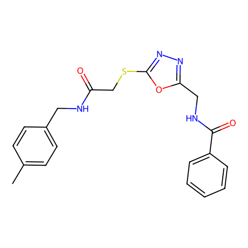 N-((5-((2-((4-methylbenzyl)amino)-2-oxoethyl)thio)-1,3,4-oxadiazol-2-yl)methyl)benzamide structure