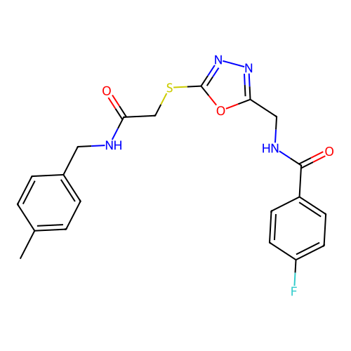 4-fluoro-N-((5-((2-((4-methylbenzyl)amino)-2-oxoethyl)thio)-1,3,4-oxadiazol-2-yl)methyl)benzamide structure