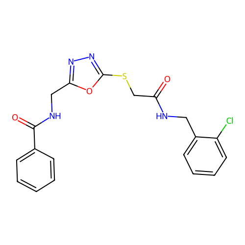 N-((5-((2-((2-chlorobenzyl)amino)-2-oxoethyl)thio)-1,3,4-oxadiazol-2-yl)methyl)benzamide structure