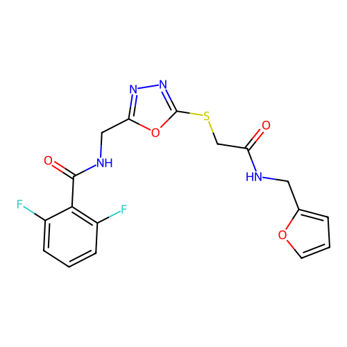2,6-difluoro-N-({5-[({[(furan-2-yl)methyl]carbamoyl}methyl)sulfanyl]-1,3,4-oxadiazol-2-yl}methyl)benzamide structure