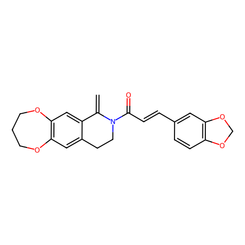 (2E)-3-(1,3-benzodioxol-5-yl)-1-(7-methylidene-3,4,9,10-tetrahydro-2H-[1,4]dioxepino[2,3-g]isoquinolin-8(7H)-yl)prop-2-en-1-one structure