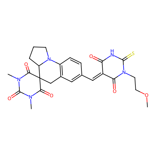 (E)-7'-((2-mercapto-1-(2-methoxyethyl)-4,6-dioxo-1,6-dihydropyrimidin-5(4H)-ylidene)methyl)-1,3-dimethyl-2',3',3a',5'-tetrahydro-1H,1'H-spiro[pyrimidine-5,4'-pyrrolo[1,2-a]quinoline]-2,4,6(3H)-trione structure