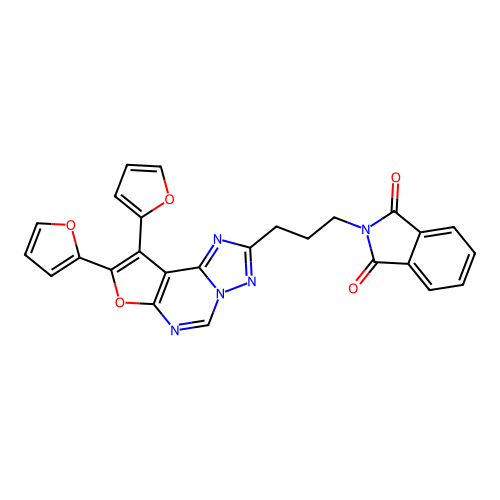 2-(3-(8,9-di(furan-2-yl)furo[3,2-e][1,2,4]triazolo[1,5-c]pyrimidin-2-yl)propyl)isoindoline-1,3-dione structure