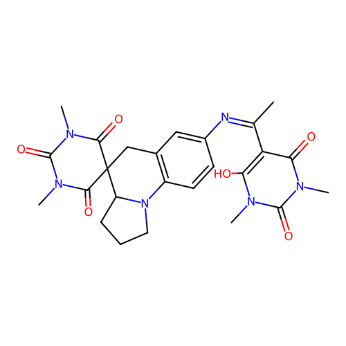 7'-((1-(1,3-dimethyl-2,4,6-trioxotetrahydropyrimidin-5(2H)-ylidene)ethyl)amino)-1,3-dimethyl-2',3',3a',5'-tetrahydro-1H,1'H-spiro[pyrimidine-5,4'-pyrrolo[1,2-a]quinoline]-2,4,6(3H)-trione structure
