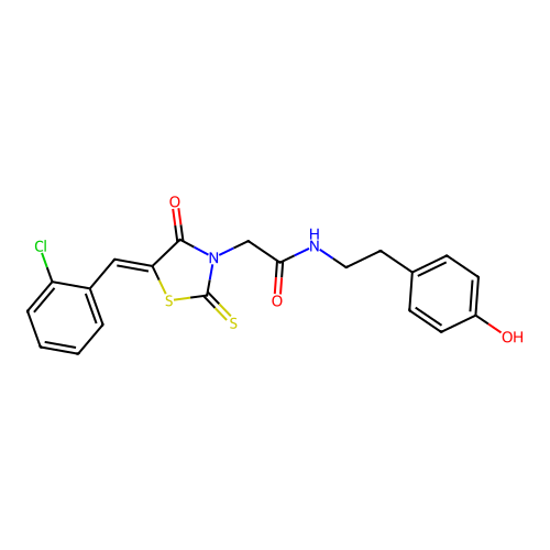 (Z)-2-(5-(2-chlorobenzylidene)-4-oxo-2-thioxothiazolidin-3-yl)-N-(4-hydroxyphenethyl)acetamide structure