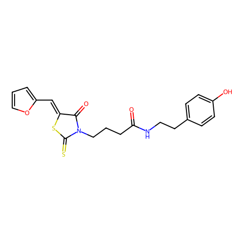 (Z)-4-(5-(furan-2-ylmethylene)-4-oxo-2-thioxothiazolidin-3-yl)-N-(4-hydroxyphenethyl)butanamide structure