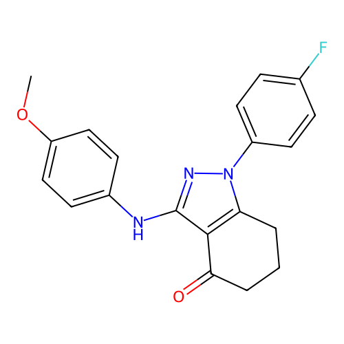1-(4-fluorophenyl)-3-[(4-methoxyphenyl)amino]-1,5,6,7-tetrahydro-4H-indazol-4-one structure