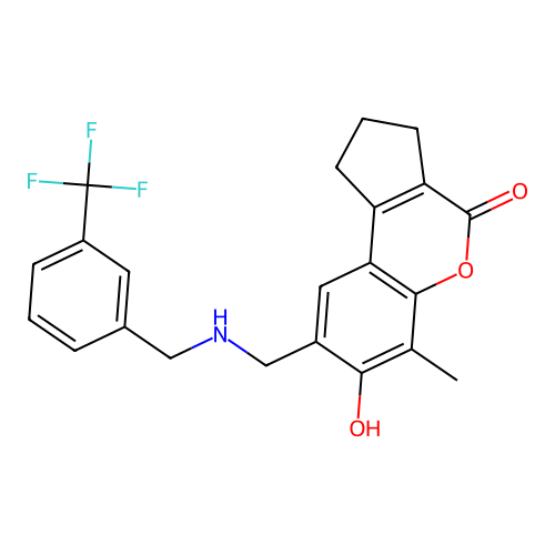 7-hydroxy-6-methyl-8-(((3-(trifluoromethyl)benzyl)amino)methyl)-2,3-dihydrocyclopenta[c]chromen-4(1H)-one structure
