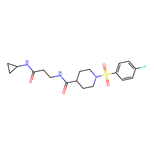 N-(3-(cyclopropylamino)-3-oxopropyl)-1-((4-fluorophenyl)sulfonyl)piperidine-4-carboxamide structure