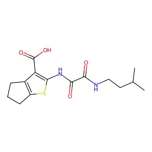 2-({[(3-methylbutyl)amino](oxo)acetyl}amino)-5,6-dihydro-4H-cyclopenta[b]thiophene-3-carboxylic acid structure
