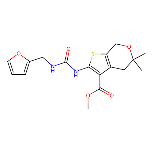 methyl 2-(3-(furan-2-ylmethyl)ureido)-5,5-dimethyl-5,7-dihydro-4H-thieno[2,3-c]pyran-3-carboxylate structure