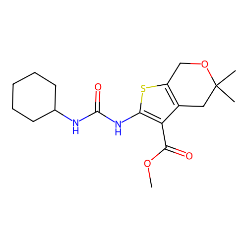 methyl 2-(3-cyclohexylureido)-5,5-dimethyl-5,7-dihydro-4H-thieno[2,3-c]pyran-3-carboxylate structure