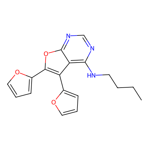 N-butyl-5,6-di(furan-2-yl)furo[2,3-d]pyrimidin-4-amine structure