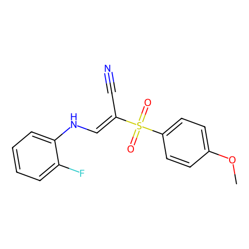 (E)-3-(2-fluoroanilino)-2-(4-methoxyphenyl)sulfonylprop-2-enenitrile structure