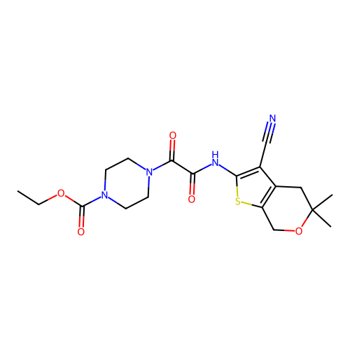 ethyl 4-(2-((3-cyano-5,5-dimethyl-5,7-dihydro-4H-thieno[2,3-c]pyran-2-yl)amino)-2-oxoacetyl)piperazine-1-carboxylate structure