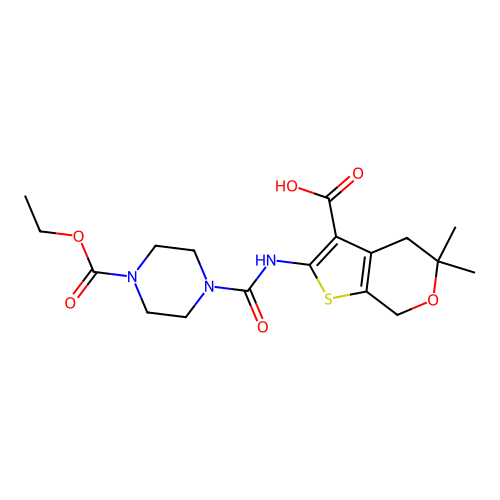 2-({[4-(ethoxycarbonyl)piperazin-1-yl]carbonyl}amino)-5,5-dimethyl-4,7-dihydro-5H-thieno[2,3-c]pyran-3-carboxylic acid structure