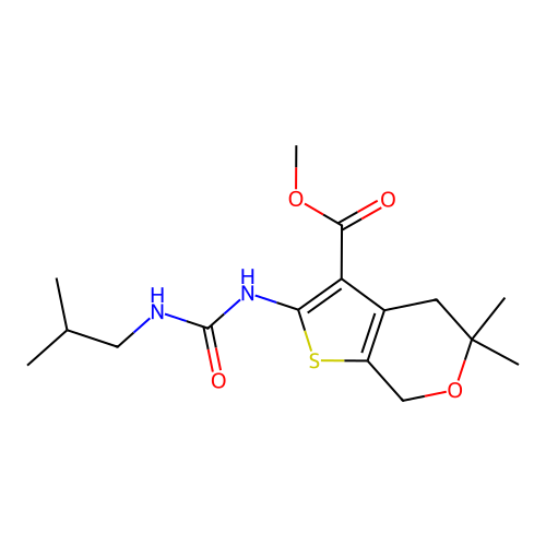 methyl 2-(3-isobutylureido)-5,5-dimethyl-5,7-dihydro-4H-thieno[2,3-c]pyran-3-carboxylate structure