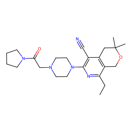 8-ethyl-3,3-dimethyl-6-(4-(2-oxo-2-(pyrrolidin-1-yl)ethyl)piperazin-1-yl)-3,4-dihydro-1H-pyrano[3,4-c]pyridine-5-carbonitrile structure