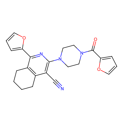 1-(furan-2-yl)-3-[4-(furan-2-ylcarbonyl)piperazin-1-yl]-5,6,7,8-tetrahydroisoquinoline-4-carbonitrile structure