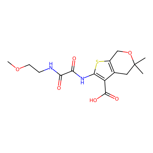 2-({[(2-methoxyethyl)amino](oxo)acetyl}amino)-5,5-dimethyl-4,7-dihydro-5H-thieno[2,3-c]pyran-3-carboxylic acid structure
