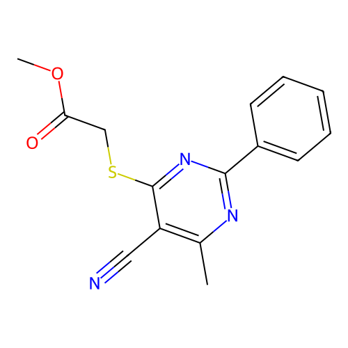 Methyl [(5-cyano-6-methyl-2-phenylpyrimidin-4-yl)sulfanyl]acetate structure