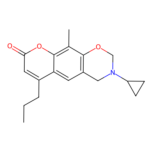 3-cyclopropyl-10-methyl-6-propyl-3,4-dihydrochromeno[6,7-e][1,3]oxazin-8(2H)-one structure
