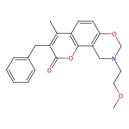 3-benzyl-9-(2-methoxyethyl)-4-methyl-9,10-dihydrochromeno[8,7-e][1,3]oxazin-2(8H)-one structure
