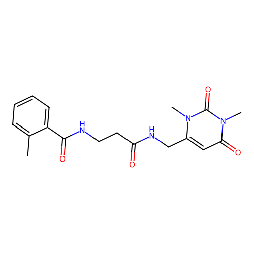 N-(3-(((1,3-dimethyl-2,6-dioxo-1,2,3,6-tetrahydropyrimidin-4-yl)methyl)amino)-3-oxopropyl)-2-methylbenzamide structure
