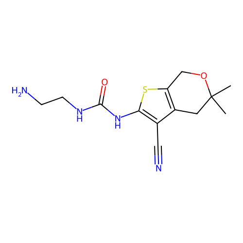 1-(2-aminoethyl)-3-(3-cyano-5,5-dimethyl-4,7-dihydro-5H-thieno[2,3-c]pyran-2-yl)urea structure