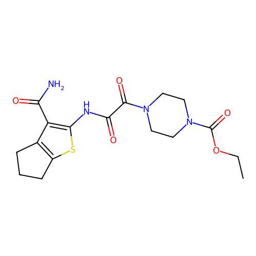ethyl 4-(2-((3-carbamoyl-5,6-dihydro-4H-cyclopenta[b]thiophen-2-yl)amino)-2-oxoacetyl)piperazine-1-carboxylate structure
