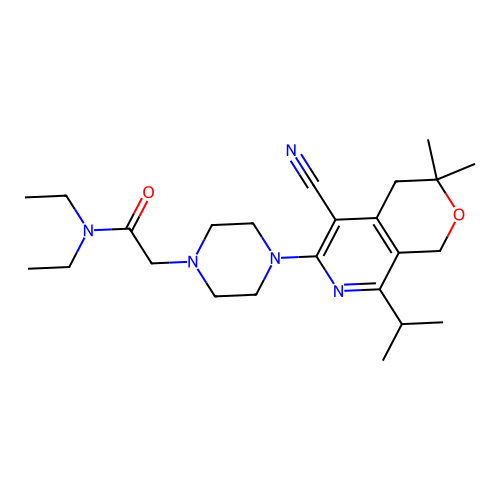 2-(4-(5-cyano-8-isopropyl-3,3-dimethyl-3,4-dihydro-1H-pyrano[3,4-c]pyridin-6-yl)piperazin-1-yl)-N,N-diethylacetamide structure