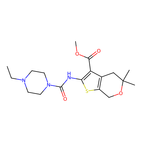 methyl 2-(4-ethylpiperazine-1-carboxamido)-5,5-dimethyl-5,7-dihydro-4H-thieno[2,3-c]pyran-3-carboxylate structure