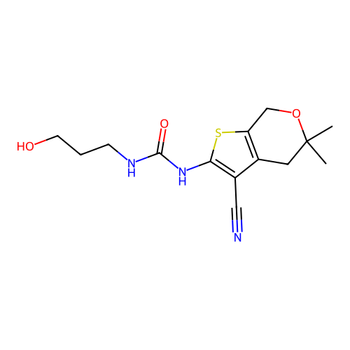 1-(3-cyano-5,5-dimethyl-4,7-dihydro-5H-thieno[2,3-c]pyran-2-yl)-3-(3-hydroxypropyl)urea structure