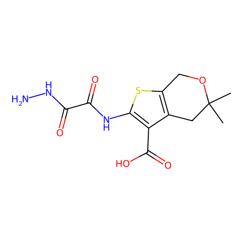 2-(2-hydrazinyl-2-oxoacetamido)-5,5-dimethyl-5,7-dihydro-4H-thieno[2,3-c]pyran-3-carboxylic acid structure