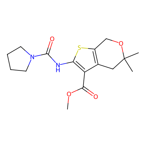 methyl 5,5-dimethyl-2-(pyrrolidine-1-carbonylamino)-4,7-dihydrothieno[2,3-c]pyran-3-carboxylate structure