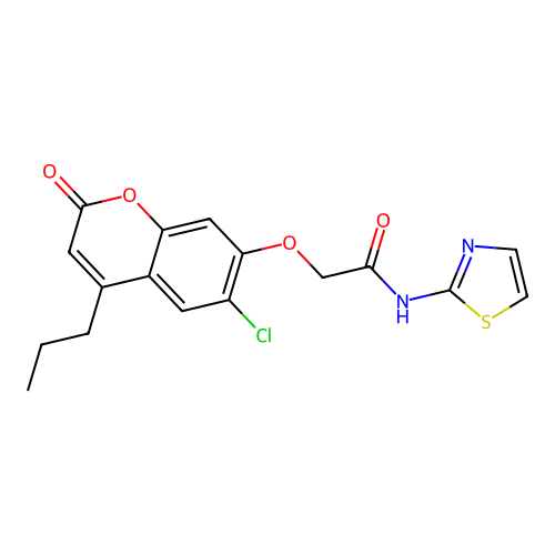 2-(6-chloro-2-oxo-4-propylchromen-7-yl)oxy-N-(1,3-thiazol-2-yl)acetamide structure