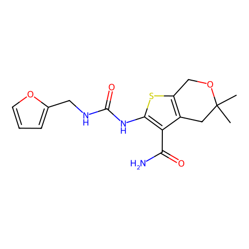 2-(3-(furan-2-ylmethyl)ureido)-5,5-dimethyl-5,7-dihydro-4H-thieno[2,3-c]pyran-3-carboxamide structure