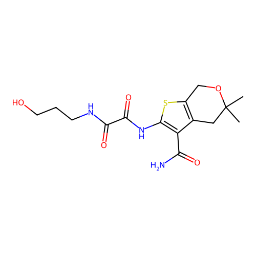 N'-(3-carbamoyl-5,5-dimethyl-4,7-dihydrothieno[2,3-c]pyran-2-yl)-N-(3-hydroxypropyl)oxamide structure