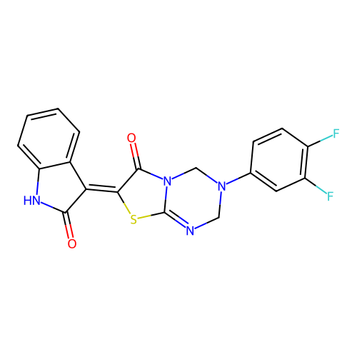 (Z)-3-(3,4-difluorophenyl)-7-(2-oxoindolin-3-ylidene)-3,4-dihydro-2H-thiazolo[3,2-a][1,3,5]triazin-6(7H)-one structure