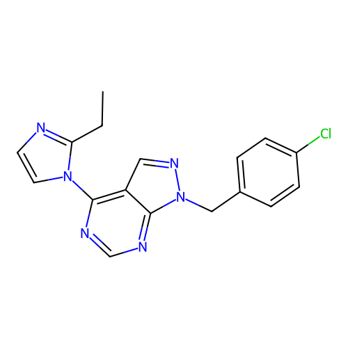 1-(4-chlorobenzyl)-4-(2-ethyl-1H-imidazol-1-yl)-1H-pyrazolo[3,4-d]pyrimidine structure