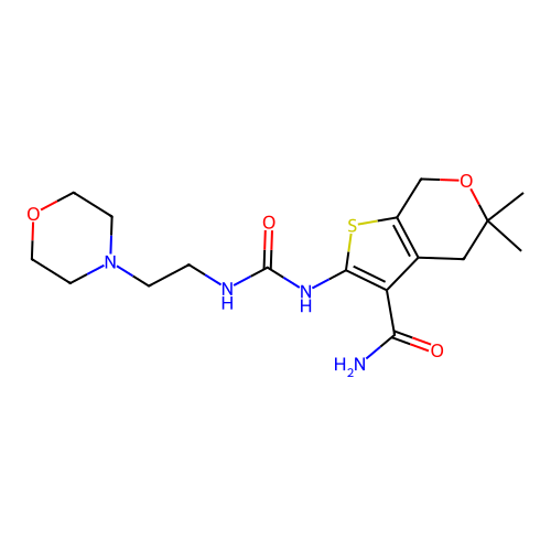 5,5-dimethyl-2-({[2-(morpholin-4-yl)ethyl]carbamoyl}amino)-4,7-dihydro-5H-thieno[2,3-c]pyran-3-carboxamide structure
