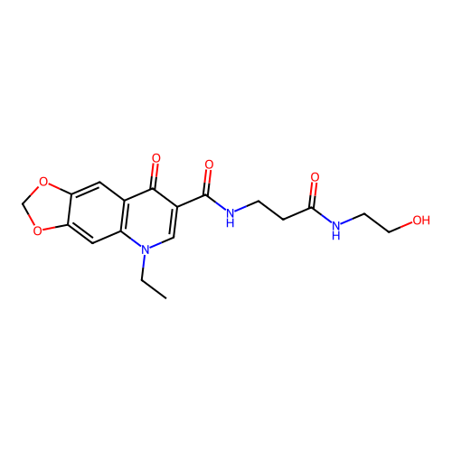 5-ethyl-N-(3-((2-hydroxyethyl)amino)-3-oxopropyl)-8-oxo-5,8-dihydro-[1,3]dioxolo[4,5-g]quinoline-7-carboxamide structure