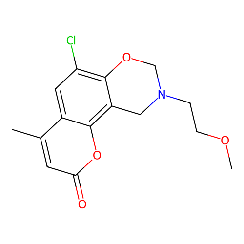 6-chloro-9-(2-methoxyethyl)-4-methyl-9,10-dihydrochromeno[8,7-e][1,3]oxazin-2(8H)-one structure