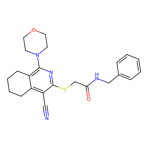 N-benzyl-2-[(4-cyano-1-morpholin-4-yl-5,6,7,8-tetrahydroisoquinolin-3-yl)sulfanyl]acetamide structure