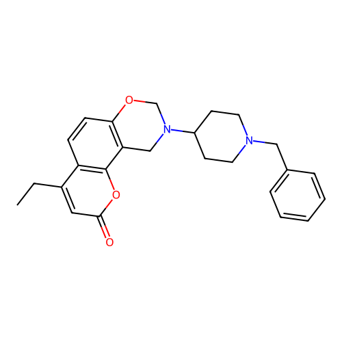 9-(1-benzylpiperidin-4-yl)-4-ethyl-9,10-dihydrochromeno[8,7-e][1,3]oxazin-2(8H)-one structure