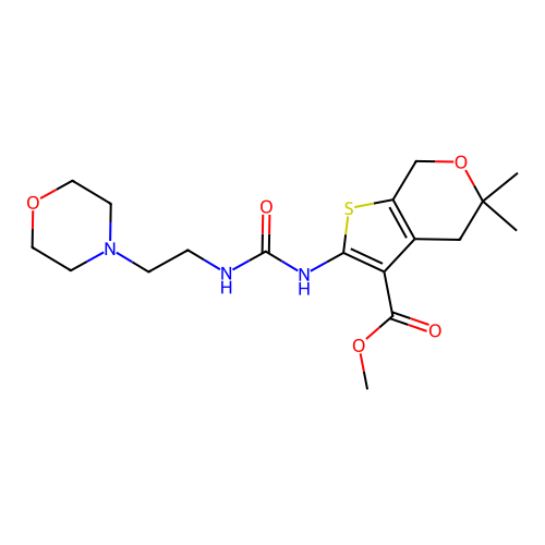 methyl 5,5-dimethyl-2-(2-morpholin-4-ylethylcarbamoylamino)-4,7-dihydrothieno[2,3-c]pyran-3-carboxylate structure