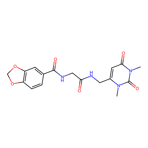 N-(2-(((1,3-dimethyl-2,6-dioxo-1,2,3,6-tetrahydropyrimidin-4-yl)methyl)amino)-2-oxoethyl)benzo[d][1,3]dioxole-5-carboxamide structure