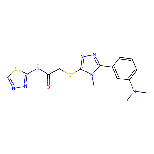 2-[[5-[3-(dimethylamino)phenyl]-4-methyl-1,2,4-triazol-3-yl]sulfanyl]-N-(1,3,4-thiadiazol-2-yl)acetamide structure